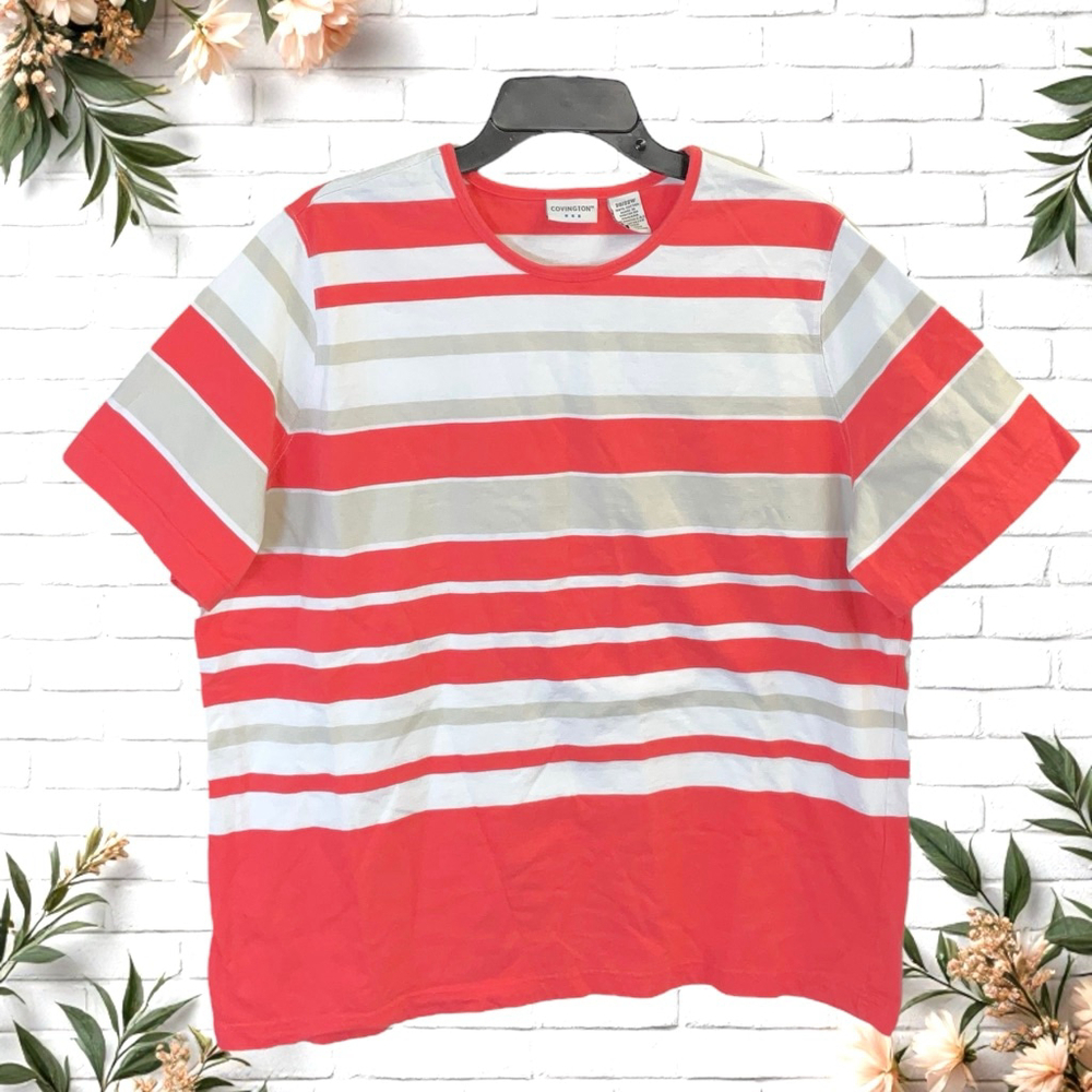 Covington Dark Burnt Orange, White, Khaki Striped Tshirt Women Sz 20/22W